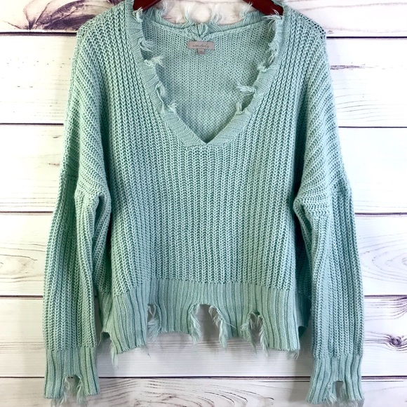 Wonderly Sage Mint Raw Distressed Sweater - Picture 1 of 6